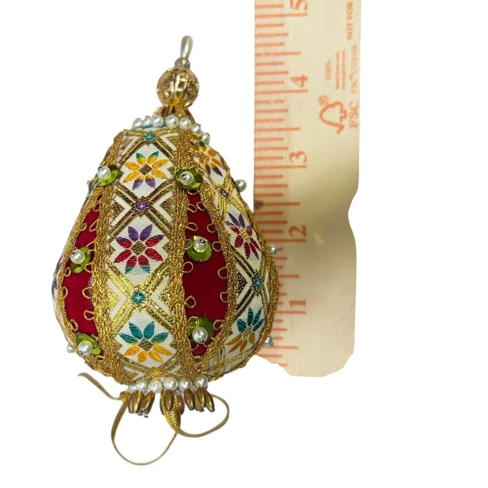 Vintage Beaded Embroidered Egg Christmas Ornament Gold Red‎ Faux Pearl 5